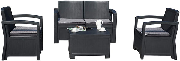 Outdoor Patio Furniture Set
An outdoor patio furniture set consisting of two single chairs, a double - seat sofa, and a coffee table, all in black with gray cushions, and the coffee table adorned with a teapot, cups, and a magazine. Keywords: outdoor patio furniture, black furniture, gray cushions