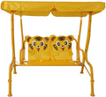 A bright yellow outdoor children's swing chair with a canopy. The seat features cute 3D tiger - face designs, adding a playful and charming touch. The swing is made of metal with a sturdy build, suitable for outdoor use. Sunny Yellow Kids' Outdoor Swing Chair with Tiger Accents. outdoor children's swing chair, yellow swing chair, tiger - face designs, kids' outdoor furniture.