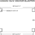 This is a blueprint titled "EDWARD 10x12' ANCHOR BLUEPRINT" showing the measurements for anchoring a gazebo. It includes horizontal and vertical distances between anchor points, with measurements provided in both centimeters and feet. The diagram features square - shaped anchor elements with dimensions of 30x30cm (11.8"x11.8"), and various length measurements such as 357.5cm/11.7', 292.5cm/9.6', 327.5cm/10.7', 262.5cm/8.6', and a 15cm height - related measurement.