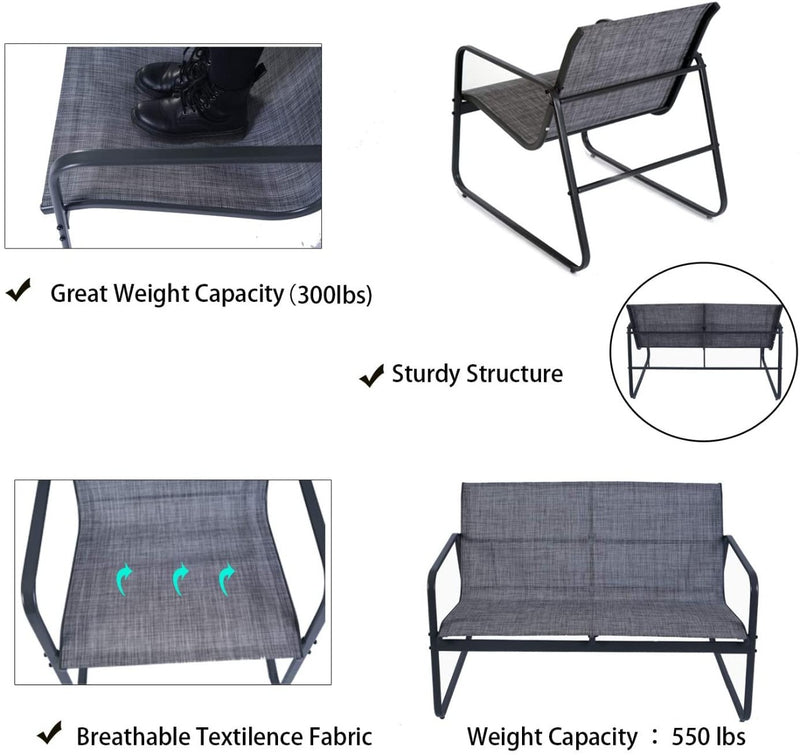 Outdoor Patio Furniture Features
Outdoor patio chairs and loveseat highlighting features like great weight capacity (300lbs for chair, 550lbs for loveseat), sturdy structure, and breathable Textilence fabric. Keywords: outdoor furniture, weight capacity, sturdy structure, breathable fabric