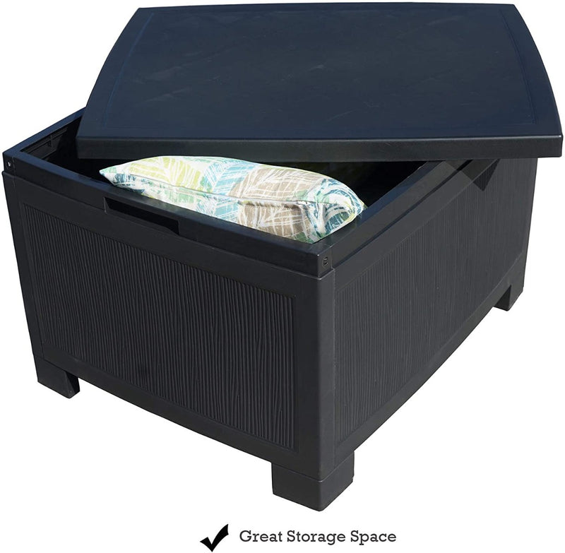 Outdoor Storage Box
A black outdoor storage box with its lid open, revealing interior space holding a colorful cushion, and a note indicating "Great Storage Space". Keywords: outdoor storage box, storage space