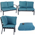 A set of outdoor sofas and cushions in a blue color. The images display a two-seater sofa from different angles, a single-seater chair with a large cushion, and a seat cushion with a decorative dried flower on top. The furniture has a sleek black metal frame. Blue-Cushioned Outdoor Sofa Set with Black Frame. outdoor sofa set, blue cushions, black-framed furniture, outdoor seating, patio sofa