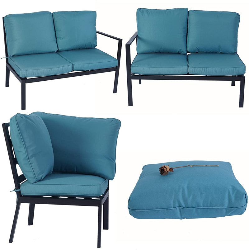 A set of outdoor sofas and cushions in a blue color. The images display a two-seater sofa from different angles, a single-seater chair with a large cushion, and a seat cushion with a decorative dried flower on top. The furniture has a sleek black metal frame. Blue-Cushioned Outdoor Sofa Set with Black Frame. outdoor sofa set, blue cushions, black-framed furniture, outdoor seating, patio sofa