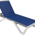 A modern outdoor lounge bed with a sleek design. It features a blue fabric surface, a light-gray metal frame and white plastic legs, with adjustable backrest for comfortable relaxation in outdoor settings like poolsides, beaches, or patios. Sleek Modern Outdoor Lounge Bed. outdoor lounge bed, modern design, adjustable backrest, blue fabric, metal frame.