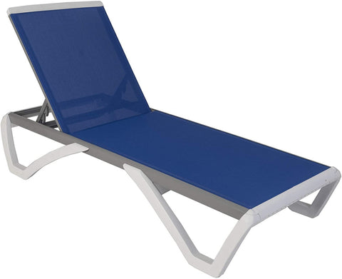 A modern outdoor lounge bed with a sleek design. It features a blue fabric surface, a light-gray metal frame and white plastic legs, with adjustable backrest for comfortable relaxation in outdoor settings like poolsides, beaches, or patios. Sleek Modern Outdoor Lounge Bed. outdoor lounge bed, modern design, adjustable backrest, blue fabric, metal frame.