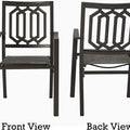Title: Black Patio Chair Front and Back Views
Alt Text: Black patio chair with geometric backrest, shown from front and back views, labeled "Front View" and "Back View."
Keywords: black patio chair, geometric backrest, front and back views, outdoor seating, modern design, garden furniture, durable frame
