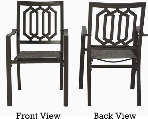 Title: Black Patio Chair Front and Back Views
Alt Text: Black patio chair with geometric backrest, shown from front and back views, labeled "Front View" and "Back View."
Keywords: black patio chair, geometric backrest, front and back views, outdoor seating, modern design, garden furniture, durable frame