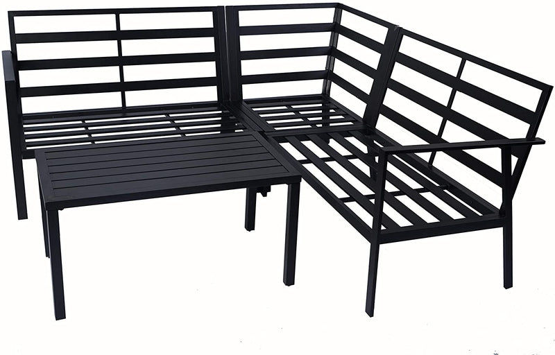 A modern outdoor sectional sofa set with a black metal frame, accompanied by a matching black slatted coffee table. The sofa features an open - slat design, providing a sleek and contemporary look suitable for patio or garden settings. Contemporary Black Metal Outdoor Sofa Set with Coffee Table. outdoor sofa set, black metal frame, slatted design, patio furniture, outdoor coffee table