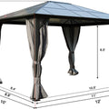 A geometrically - dimensioned outdoor gazebo with a dark - hued roof and elegant grey curtains. The diagram includes measurements: the height is 8.6 feet, with interior clearance of 6.5 feet. The base dimensions range from 8.4 feet to 12 feet, providing a clear understanding of the gazebo's size.Measured Outdoor Gazebo with Grey Curtains: Dimensions Revealed. Gazebo with Grey Curtains: Precise Size Specifications. outdoor gazebo, grey curtains, gazebo dimensions, gazebo measurements, patio gazebo.