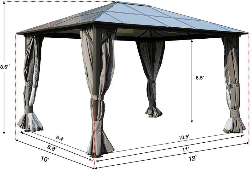 A geometrically - dimensioned outdoor gazebo with a dark - hued roof and elegant grey curtains. The diagram includes measurements: the height is 8.6 feet, with interior clearance of 6.5 feet. The base dimensions range from 8.4 feet to 12 feet, providing a clear understanding of the gazebo's size.Measured Outdoor Gazebo with Grey Curtains: Dimensions Revealed. Gazebo with Grey Curtains: Precise Size Specifications. outdoor gazebo, grey curtains, gazebo dimensions, gazebo measurements, patio gazebo.