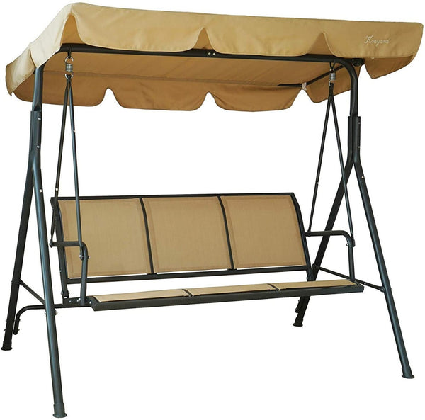 A three-seater swing chair with a beige canopy and seating fabric. The chair has a sturdy black metal frame, providing a comfortable and shaded spot for relaxation in outdoor spaces like gardens or patios. Beige Canopy Swing Chair for Outdoor Relaxation.
 swing chair, outdoor seating, beige canopy, three-seater, metal frame