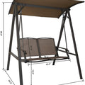A two - person outdoor swing chair with dimensions clearly marked. It has a sturdy metal frame and a tan canopy. The seat, made of breathable fabric, measures 40.2 inches in width and offers a comfortable outdoor relaxation spot. Two - Person Outdoor Swing Chair with Dimensions. two - person swing chair, outdoor swing, metal frame, tan canopy, chair dimensions.