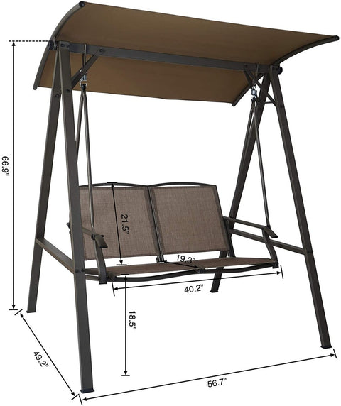 A two - person outdoor swing chair with dimensions clearly marked. It has a sturdy metal frame and a tan canopy. The seat, made of breathable fabric, measures 40.2 inches in width and offers a comfortable outdoor relaxation spot. Two - Person Outdoor Swing Chair with Dimensions. two - person swing chair, outdoor swing, metal frame, tan canopy, chair dimensions.
