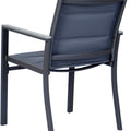 Title: Grey Outdoor Dining Chair Back View
Alt Text: Back view of a grey outdoor dining chair with fabric seat and backrest, isolated on a white background.
Keywords: grey outdoor dining chair, back view, fabric seating, modern design, patio furniture, garden seating, durable frame