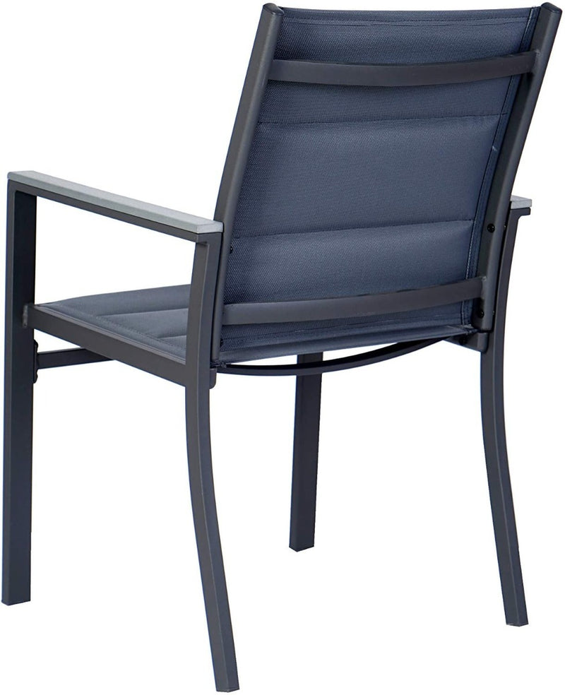 Title: Grey Outdoor Dining Chair Back View
Alt Text: Back view of a grey outdoor dining chair with fabric seat and backrest, isolated on a white background.
Keywords: grey outdoor dining chair, back view, fabric seating, modern design, patio furniture, garden seating, durable frame