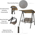 This image showcases a two - person outdoor swing chair with key features highlighted. It has a waterproof canopy fabric, strong spring hooks with sturdy connecting bars, a heavy - duty steel frame with Textilene seat fabric, and rustproof iron pipes with anti - slip rubber tips, ensuring durability and comfort. Two - Person Outdoor Swing Chair: Premium Features. two - person swing chair, outdoor swing, waterproof fabric, steel frame, Textilene, rustproof.