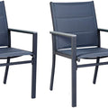 Title: Grey Outdoor Dining Chairs Set of Two
Alt Text: Two grey outdoor dining chairs with fabric seats and backs, isolated on a white background.
Keywords: grey outdoor dining chairs, fabric seating, set of two, modern design, patio furniture, garden seating, durable frame