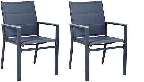 Title: Grey Outdoor Dining Chairs Set of Two
Alt Text: Two grey outdoor dining chairs with fabric seats and backs, isolated on a white background.
Keywords: grey outdoor dining chairs, fabric seating, set of two, modern design, patio furniture, garden seating, durable frame