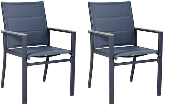 Title: Grey Outdoor Dining Chairs Set of Two
Alt Text: Two grey outdoor dining chairs with fabric seats and backs, isolated on a white background.
Keywords: grey outdoor dining chairs, fabric seating, set of two, modern design, patio furniture, garden seating, durable frame