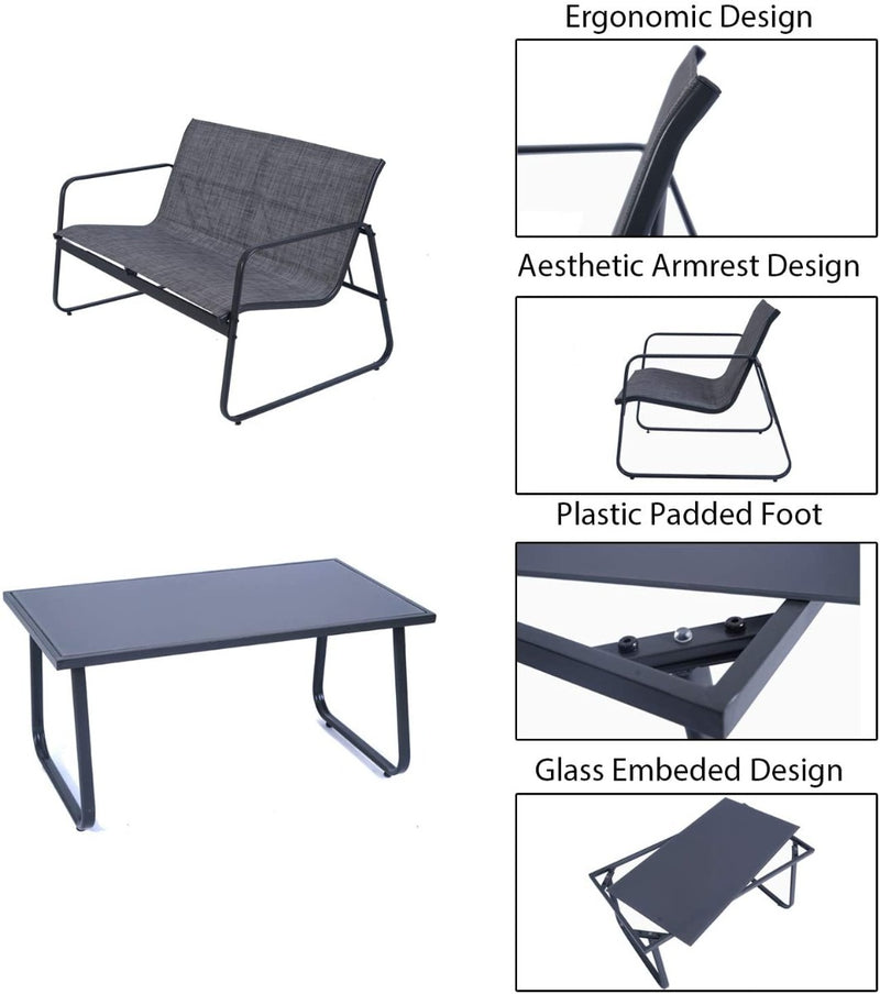 Kozyard Sofia 4 Pieces Patio/Outdoor Conversation Set with Strong Powder Coated Metal Frame, Breathable Textilence, Includes One Love Seat, Two Chairs and One Table (2 Color Options)