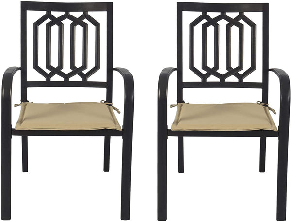 Title: Black Patio Chairs with Beige Cushions Set of Two
Alt Text: Two black patio chairs with geometric backrest design and beige seat cushions, isolated on a white background.
Keywords: black patio chairs, beige cushions, outdoor seating, geometric backrest, modern design, garden furniture, set of two