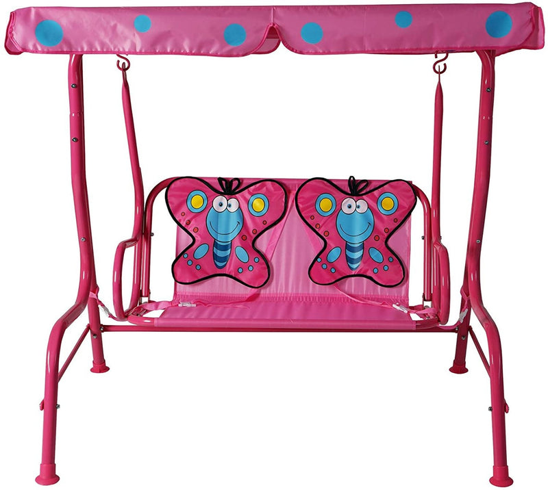 A vivid pink outdoor children's swing chair adorned with blue polka - dots on the canopy. The seat features charming blue butterfly designs with yellow and pink accents, making it an attractive and fun piece of outdoor furniture for kids. The swing's metal frame is also painted pink, complementing the overall playful aesthetic.Playful Pink Outdoor Kids' Swing Chair with Butterfly Motifs. outdoor children's swing chair, pink swing chair, blue polka - dots, butterfly designs, kids' outdoor furniture.