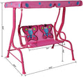 A vibrant pink outdoor children's swing chair with blue polka - dot canopy and delightful butterfly - shaped cushions. The image includes detailed measurements such as 42.9" in height, 44.5" in length, and other dimensions for the seat and frame, indicating its size specifications.Pink Kids' Outdoor Swing Chair with Butterfly Cushions and Dimensions. outdoor children's swing chair, pink swing chair, blue polka - dots, butterfly cushions, swing chair dimensions.