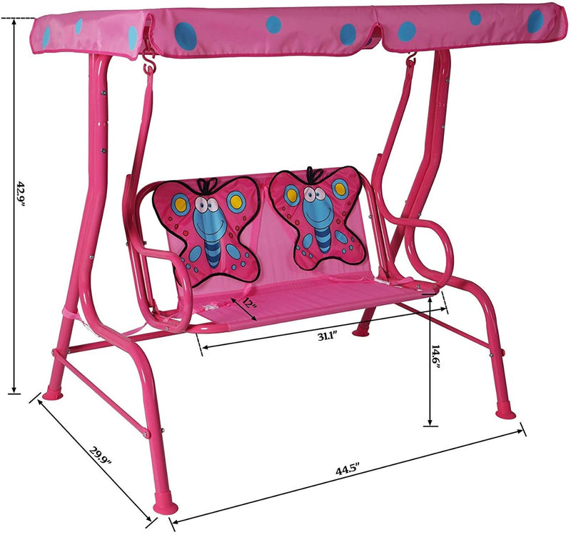 A vibrant pink outdoor children's swing chair with blue polka - dot canopy and delightful butterfly - shaped cushions. The image includes detailed measurements such as 42.9" in height, 44.5" in length, and other dimensions for the seat and frame, indicating its size specifications.Pink Kids' Outdoor Swing Chair with Butterfly Cushions and Dimensions. outdoor children's swing chair, pink swing chair, blue polka - dots, butterfly cushions, swing chair dimensions.