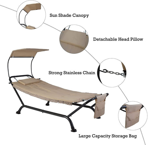 An infographic of an outdoor hammock - style lounger with key features labeled. The lounger has a beige fabric bed with fringed edges, a black metal frame, and is equipped with a sun shade canopy, a detachable head pillow, a strong stainless chain, and a large - capacity storage bag.Outdoor Hammock Lounger: Feature - Rich Relaxation Solution. outdoor hammock lounger, sun shade canopy, detachable head pillow, stainless chain, large - capacity storage bag.