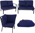 A set of outdoor sofas and cushions in a navy blue color. The images display a two-seater sofa from different angles, a single-seater chair with a large cushion, and a seat cushion with a decorative dried flower on top. The furniture has a sleek black metal frame. Navy Blue-Cushioned Outdoor Sofa Set with Black Frame. outdoor sofa set, navy blue cushions, black-framed furniture, outdoor seating, patio sofa