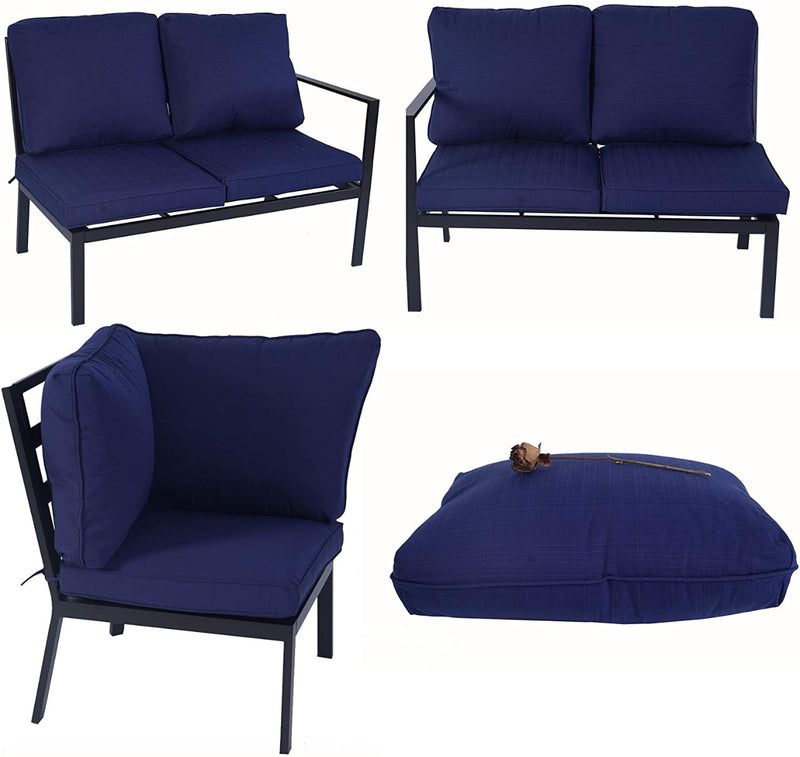 A set of outdoor sofas and cushions in a navy blue color. The images display a two-seater sofa from different angles, a single-seater chair with a large cushion, and a seat cushion with a decorative dried flower on top. The furniture has a sleek black metal frame. Navy Blue-Cushioned Outdoor Sofa Set with Black Frame. outdoor sofa set, navy blue cushions, black-framed furniture, outdoor seating, patio sofa