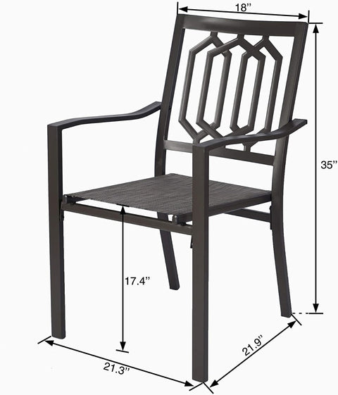 Title: Black Patio Chair Dimensions with Geometric Backrest
Alt Text: Black patio chair with geometric backrest, showing dimensions: 21.3" wide, 17.4" seat height, 35" total height, and 18" backrest height.
Keywords: black patio chair, geometric backrest, chair dimensions, outdoor seating, modern design, garden furniture, size guide
