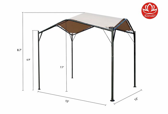 A KOZYARD Sun Shade Gazebo with a beige canopy. It has a sturdy metal frame with dimensions: 12 feet in length and width, 8.7 feet in the highest point, 6.9 feet at the eave height, and 7.7 feet between the poles. Ideal for outdoor shading. KOZYARD Sun Shade Gazebo with Dimensions. KOZYARD sun shade gazebo, beige canopy, metal frame, outdoor shading, gazebo dimensions.