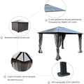 A visual guide presenting the features of a gazebo. The central image features a gazebo with draped curtains, and the surrounding circles explain its benefits: rust - resistant aluminum construction, a durable polycarbonate top with a 3 - year warranty, dual - layer curtains for practical use, and sturdy poles for secure installation. Gazebo: Features and Benefits for Outdoor Enjoyment.Outdoor Gazebo: Key Features for Long - lasting Use. outdoor gazebo, aluminum gazebo, polycarbonate top, two-layer curtain.