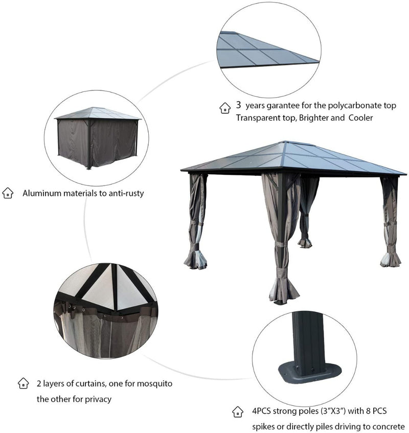 A visual guide presenting the features of a gazebo. The central image features a gazebo with draped curtains, and the surrounding circles explain its benefits: rust - resistant aluminum construction, a durable polycarbonate top with a 3 - year warranty, dual - layer curtains for practical use, and sturdy poles for secure installation. Gazebo: Features and Benefits for Outdoor Enjoyment.Outdoor Gazebo: Key Features for Long - lasting Use. outdoor gazebo, aluminum gazebo, polycarbonate top, two-layer curtain.