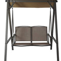 A two - person outdoor swing chair with a robust metal frame and a tan canopy for sun protection. The seat features a breathable fabric, offering a comfortable and stylish spot for outdoor relaxation. Two - Person Outdoor Swing Chair with Sun - Shielding Canopy. two - person swing chair, outdoor swing, metal frame, tan canopy, breathable fabric.