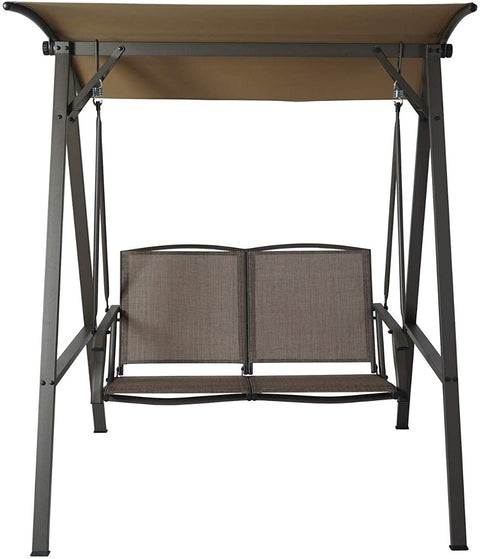 A two - person outdoor swing chair with a robust metal frame and a tan canopy for sun protection. The seat features a breathable fabric, offering a comfortable and stylish spot for outdoor relaxation. Two - Person Outdoor Swing Chair with Sun - Shielding Canopy. two - person swing chair, outdoor swing, metal frame, tan canopy, breathable fabric.