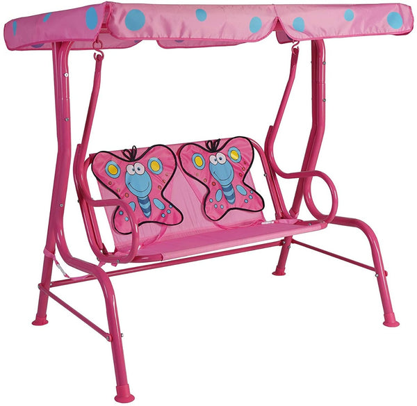 A vibrant pink outdoor children's swing chair with a canopy featuring blue polka - dots. The seat of the swing has cute butterfly - shaped cushions with colorful details, adding a playful touch. The metal frame of the swing is also painted pink, making it visually appealing for kids.Colorful Pink Outdoor Children's Swing Chair with Butterfly Cushions. outdoor children's swing chair, pink swing chair, butterfly cushions, blue polka - dots, kids' outdoor furniture