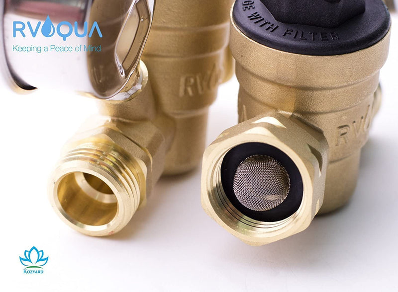 RVQUA Water Pressure Regulator with Built-in Filter
RVQUA water pressure regulators showing the built - in filter. Branded with RVQUA and Kozzyard. Keywords: RVQUA regulator, built - in filter, water pressure device
