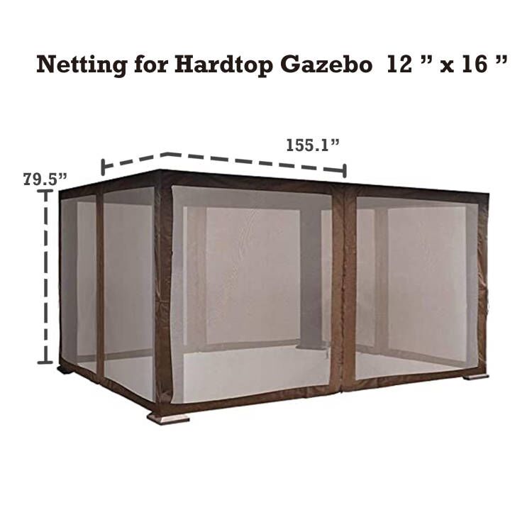 A mosquito net designed for a 12" x 16" hardtop gazebo. The netting is attached to a dark - brown frame, with dimensions marked as 79.5" in height and 155.1" in length. The text at the top reads "Netting for Hardtop Gazebo 12 '' x 16 ''.12' x 16' Hardtop Gazebo Mosquito Netting: Insect - Proof Solution. outdoor gazebo, 12x16 hardtop gazebo, mosquito netting, insect protection, net dimensions