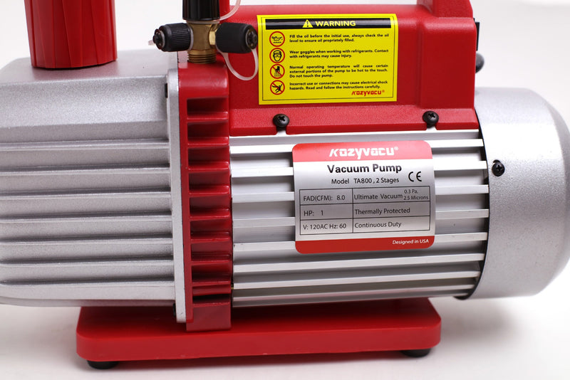 Title: Kozyvacu TA800 Vacuum Pump for HVAC Systems
Alt Text: Kozyvacu TA800 Vacuum Pump with red base, 8.0 CFM, 2 stages, and safety warnings for HVAC applications.
Keywords: Kozyvacu, TA800, vacuum pump, HVAC, 8.0 CFM, 2-stage pump, refrigerant tool

