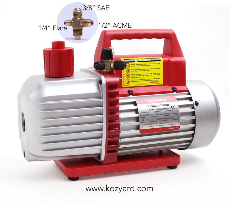 Title: Kozyvacu TA350 Vacuum Pump for HVAC Systems
Alt Text: Kozyvacu TA350 Vacuum Pump with red handle and 3/8" SAE, 1/4" Flare, 1/2" ACME fittings for HVAC applications.
Keywords: Kozyvacu, TA350, vacuum pump, HVAC, refrigerant pump, SAE fittings, ACME fittings