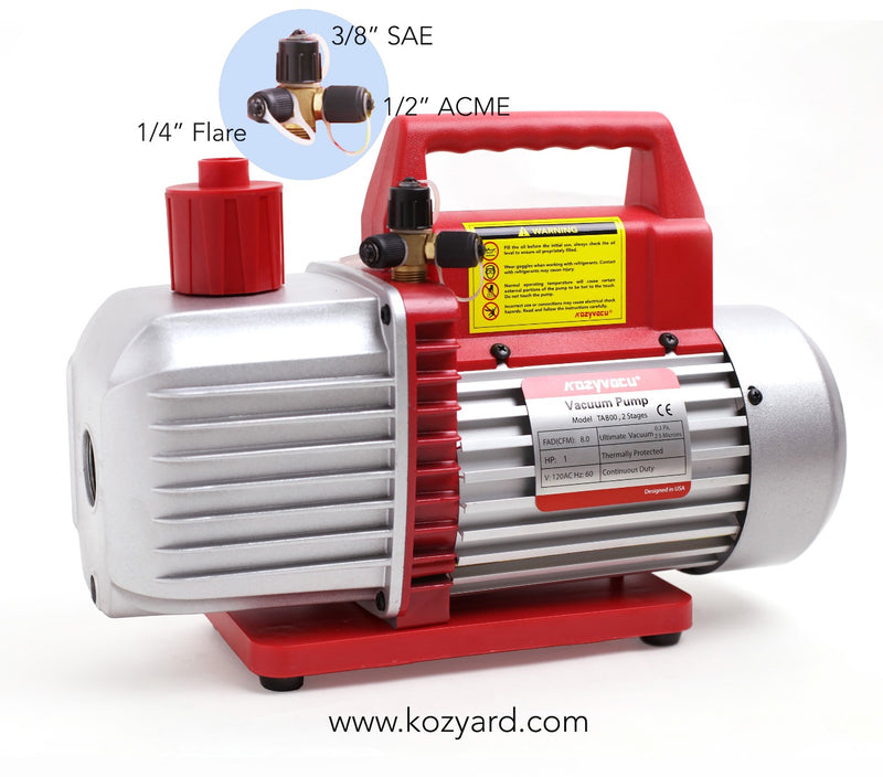 Title: Kozyvacu TA350 Vacuum Pump with SAE and ACME Fittings
Alt Text: Kozyvacu TA350 Vacuum Pump with red handle, 3/8" SAE, 1/4" Flare, and 1/2" ACME fittings for HVAC systems.
Keywords: Kozyvacu, TA350, vacuum pump, HVAC, SAE fittings, ACME fittings, refrigerant tool