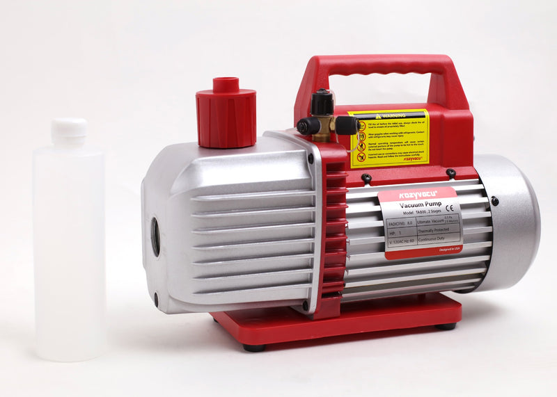 Title: Kozyvacu TA800 Vacuum Pump with Oil Bottle for HVAC
Alt Text: Kozyvacu TA800 Vacuum Pump with red handle and oil bottle, 8.0 CFM, 2 stages, for HVAC refrigerant systems.
Keywords: Kozyvacu, TA800, vacuum pump, HVAC, 8.0 CFM, 2-stage pump, oil bottle, refrigerant tool
