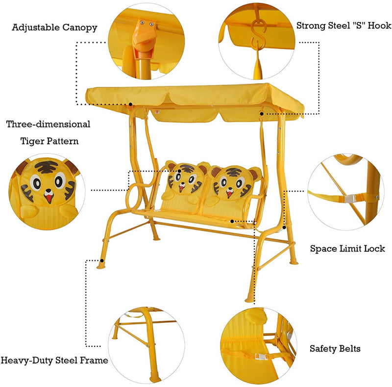 This image showcases a bright yellow outdoor children's swing chair. It highlights various features such as an adjustable canopy, a strong steel "S" hook, a three - dimensional tiger pattern on the seat, a space limit lock, safety belts, and a heavy - duty steel frame. Each feature is clearly labeled with a circular inset image for emphasis. Outdoor Kids' Swing Chair with Fun Tiger Design and Safety Features. outdoor children's swing chair, adjustable canopy, tiger pattern, safety belts, heavy - duty steel 