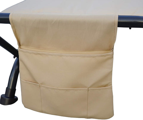 A close - up view of a beige - colored storage bag attached to an outdoor hammock. The bag features multiple compartments, designed for convenient storage of items while relaxing on the hammock.Beige Storage Bag for Outdoor Hammock. outdoor hammock, storage bag, beige storage, multiple compartments
