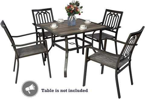 Title: Black Patio Dining Set with Geometric Backrests
Alt Text: Four black patio chairs with geometric backrests around a table, decorated with flowers and cups, with text "Table is not included."
Keywords: black patio dining set, geometric backrest, outdoor furniture, modern design, garden seating, floral decor, table not included

