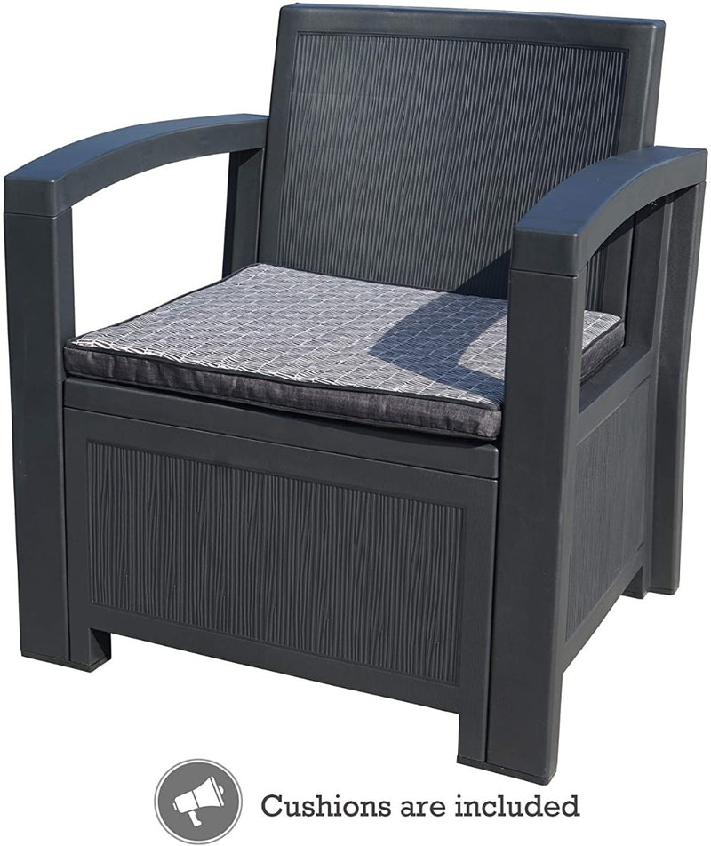 Outdoor Single Chair with Cushion
A black outdoor single chair with a gray cushion, accompanied by a note indicating that cushions are included. Keywords: outdoor single chair, cushions included
