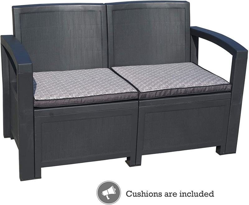 Outdoor Double - Seat Sofa with Cushions
A black outdoor double - seat sofa with gray cushions, accompanied by a note indicating that cushions are included. Keywords: outdoor double - seat sofa, cushions included
