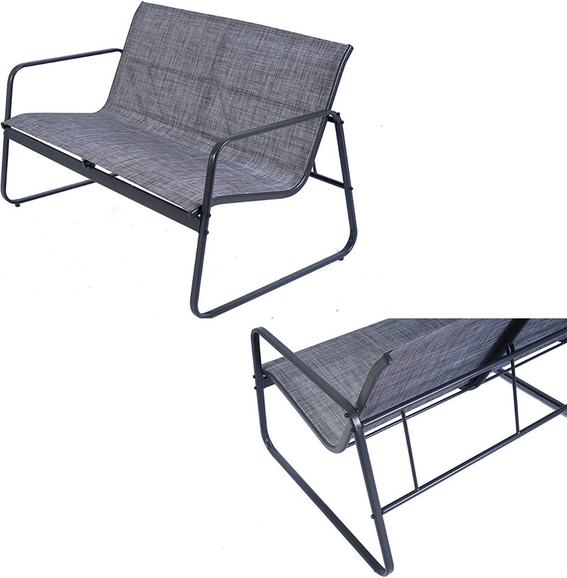Outdoor Patio Chairs in Gray
Two outdoor patio chairs with gray fabric and black metal frames, shown from different angles. Keywords: outdoor chairs, patio furniture, gray fabric chairs
